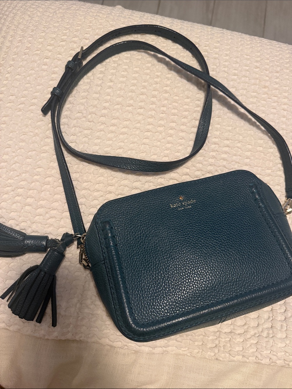 kate spade Teal Pebbled Leather Crossbody with Tassel Accent
